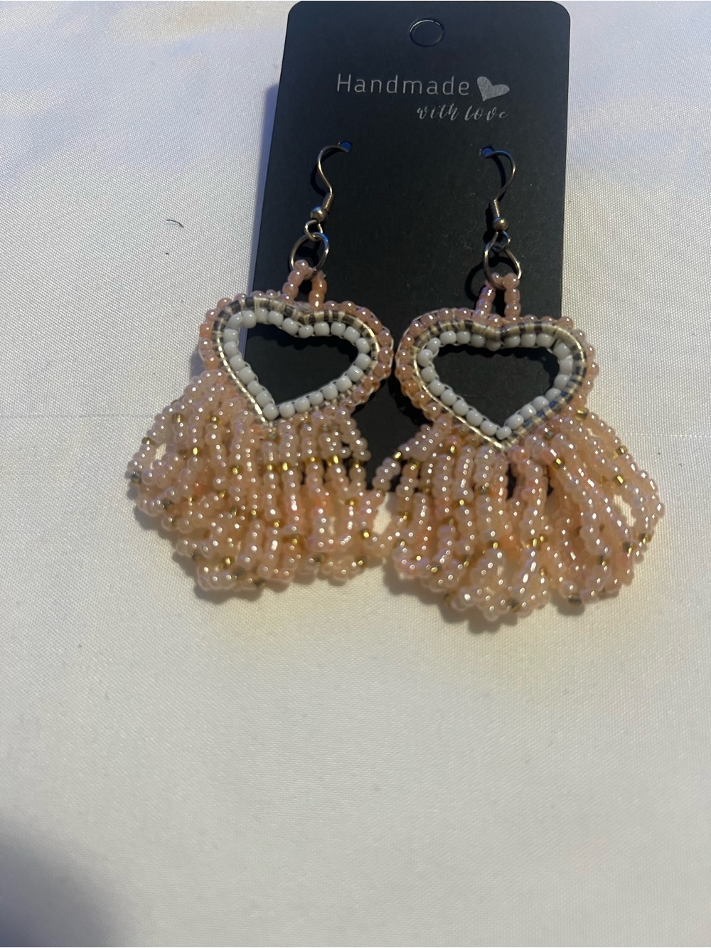 Handmade Pink Beaded Heart Tassel Earrings